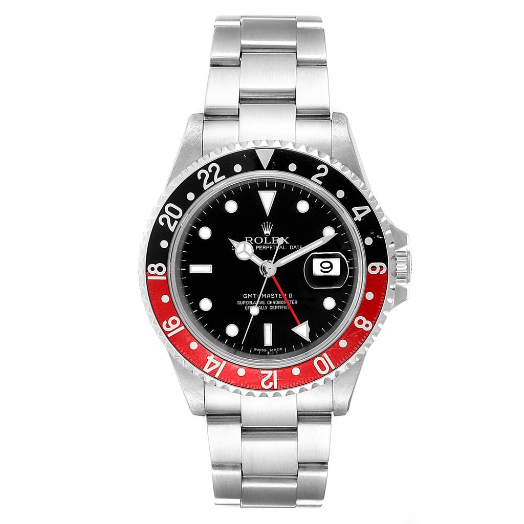 The image shows a front view of the Rolex GMT-Master 16710 Men's Stainless Steel Black Dial 16710 Men's Stainless Steel Black Dial watch, including the dial, bezel, and stainless steel bracelet.
