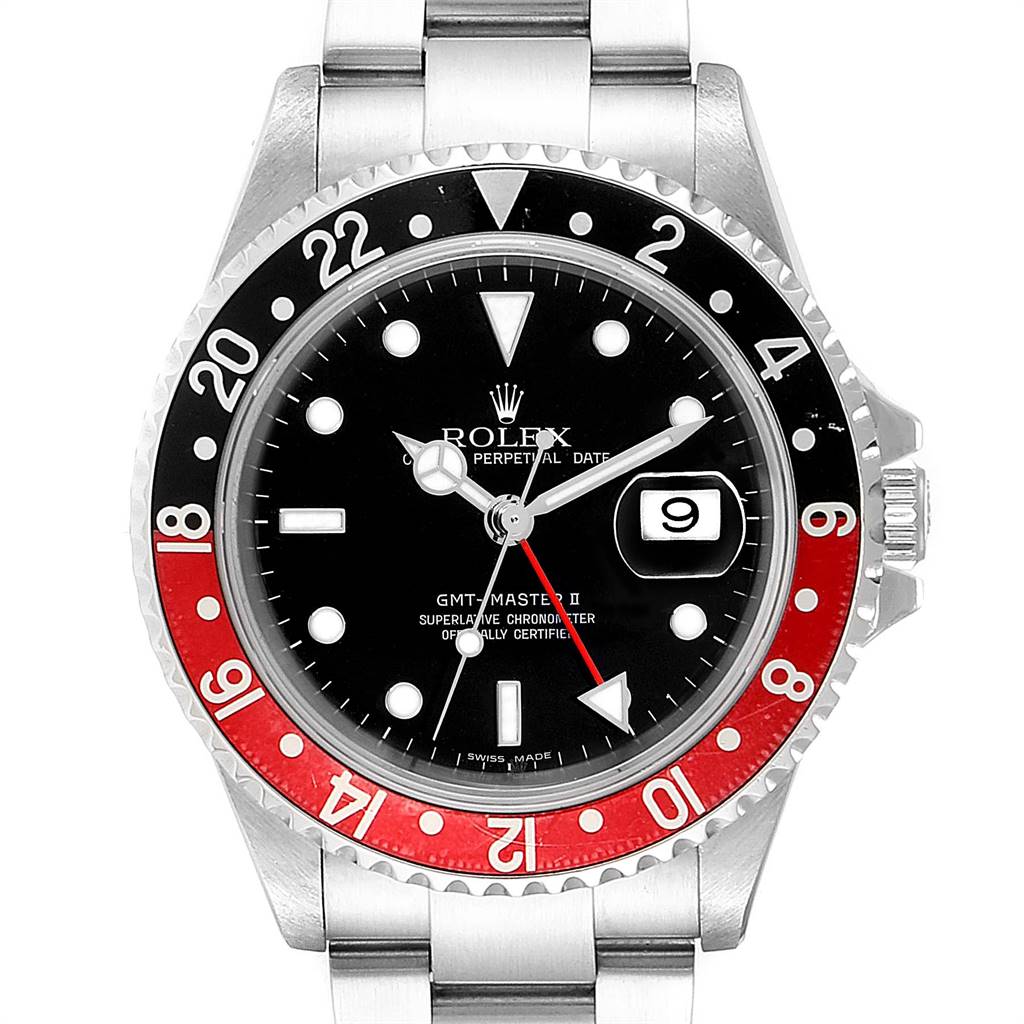 The image shows a front view of a Rolex GMT-Master 16710 Men's Stainless Steel Black Dial 16710 Men's Stainless Steel Black Dial II watch, highlighting its black and red bezel, black dial, date window, and stainless steel bracelet.