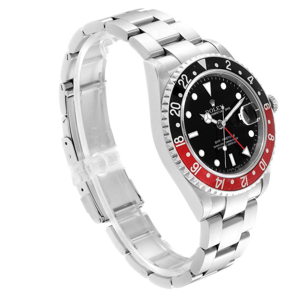 The image shows a side view of a Rolex GMT-Master 16710 Men's Stainless Steel Black Dial 16710 Men's Stainless Steel Black Dial watch, highlighting its bezel, dial, and bracelet.
