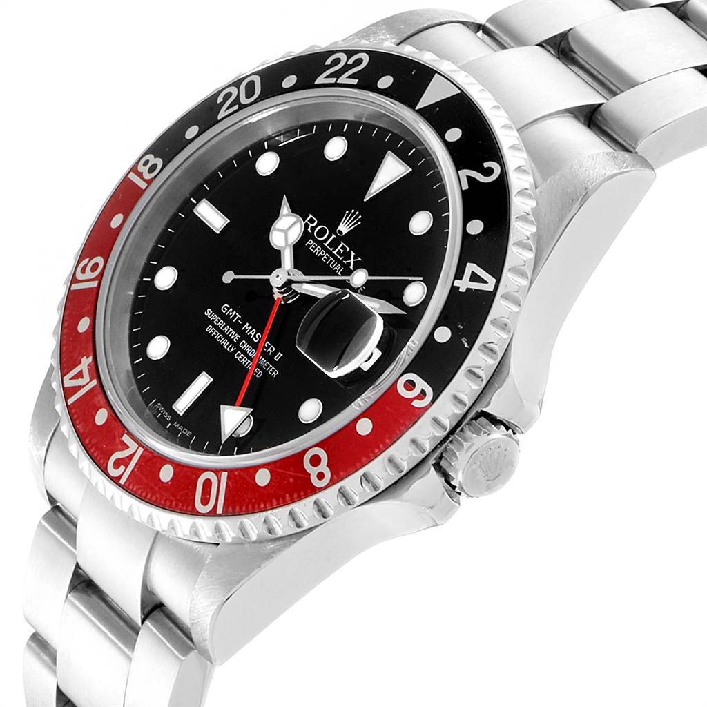 The image shows a close-up angled view of the Rolex GMT-Master 16710 Men's Stainless Steel Black Dial 16710 Men's Stainless Steel Black Dial watch, including its bezel, dial, crown, and bracelet.