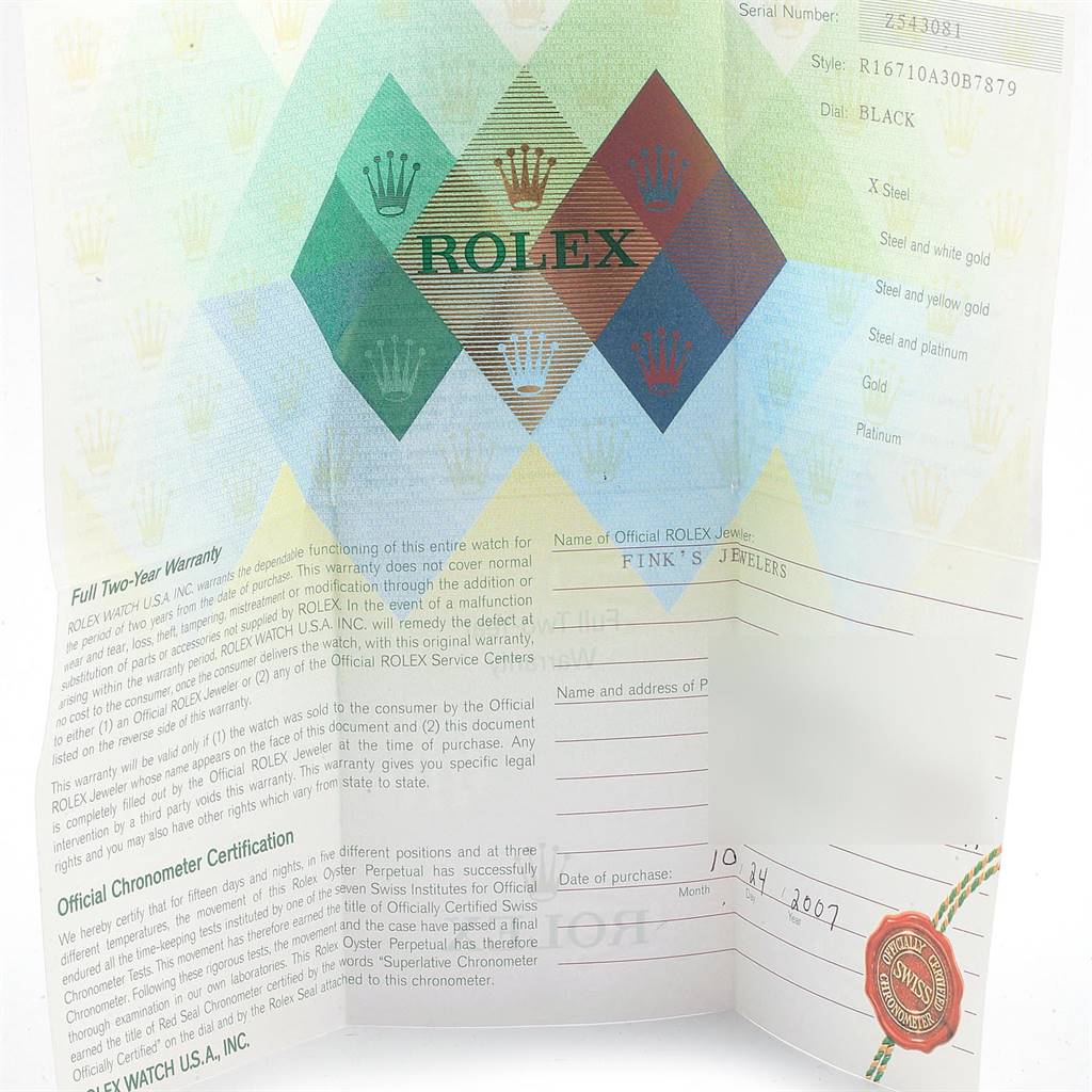 The image shows the warranty card and certification paper for a Rolex GMT-Master 16710 Men's Stainless Steel Black Dial 16710 Men's Stainless Steel Black Dial watch.