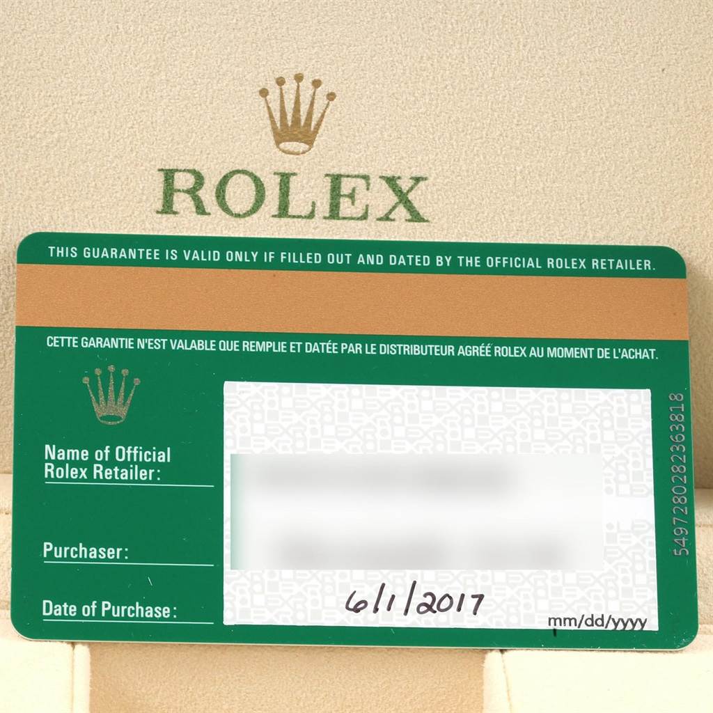 This image shows the official green and white warranty card for the Rolex GMT-Master 116710 Men's Stainless Steel Black Dial 116710 Men's Stainless Steel Black Dial watch, dated 6/1/2017.