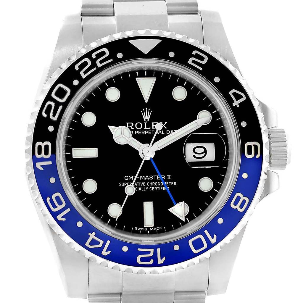 The image shows a front view of a Rolex GMT-Master 116710 Men's Stainless Steel Black Dial 116710 Men's Stainless Steel Black Dial II watch, highlighting its black and blue bezel, dial, and bracelet.