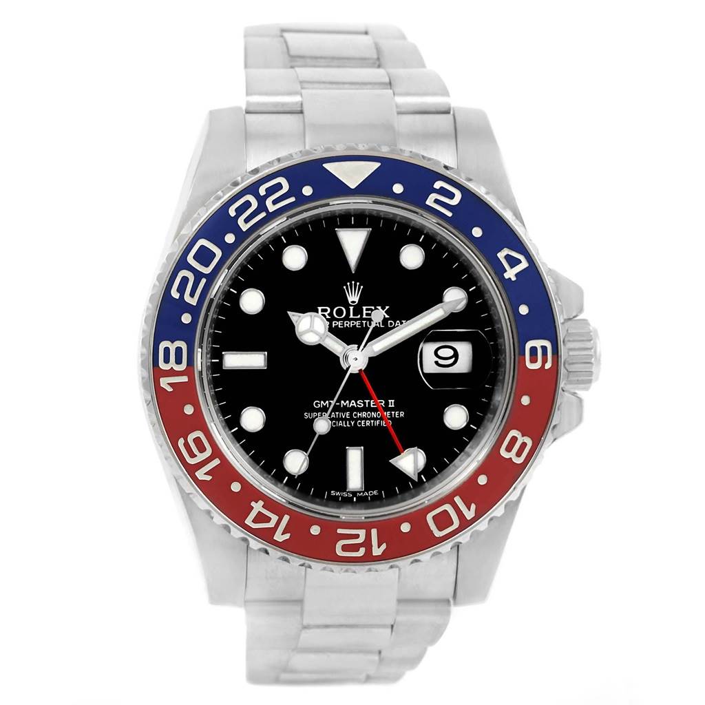 The Rolex GMT-Master 116719 Men's White Gold Black Dial 116719 Men's White Gold Black Dial watch is shown from a front angle, displaying the dial, bezel, and bracelet.