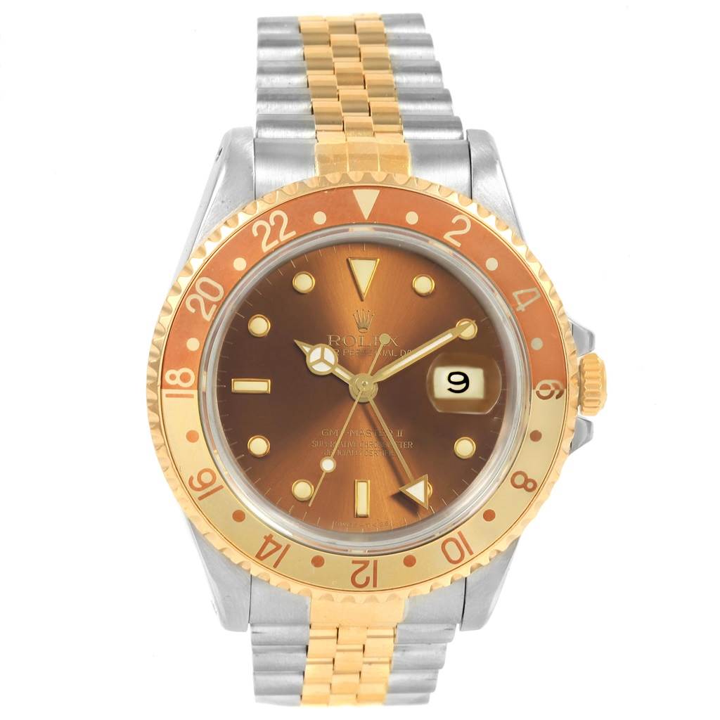 This image shows a front view of the Rolex GMT-Master 16713 Men's Stainless Steel Brown Dial 16713 Men's Stainless Steel Brown Dial watch, highlighting the two-tone bracelet, bezel, and dial with the date window.