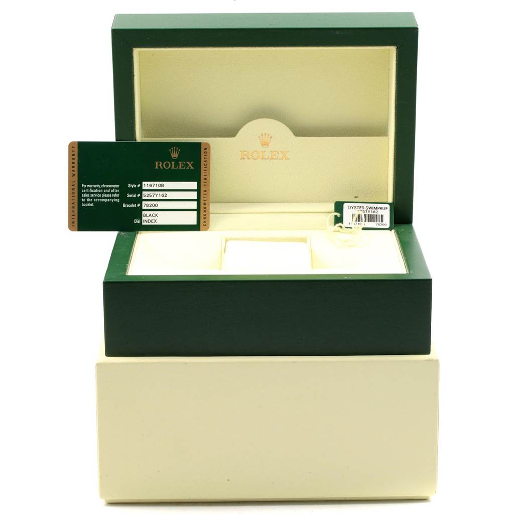 This image shows an open Rolex GMT-Master 116710 Men's Stainless Steel Black Dial 116710 Men's Stainless Steel Black Dial watch box and accompanying certification card from a front-on angle.