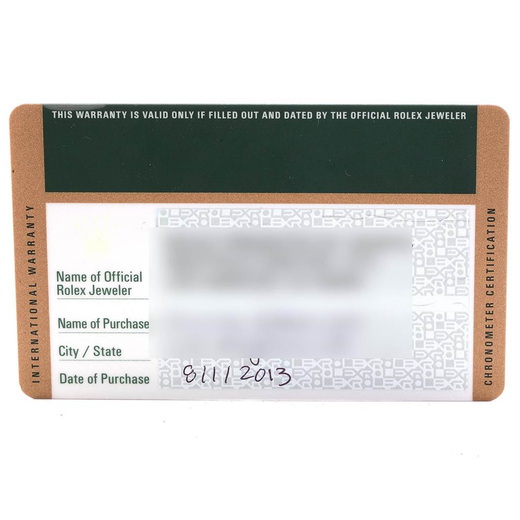 This image shows the warranty card for a Rolex GMT-Master 116710 Men's Stainless Steel Black Dial 116710 Men's Stainless Steel Black Dial watch, displaying details like date of purchase and jeweler name.