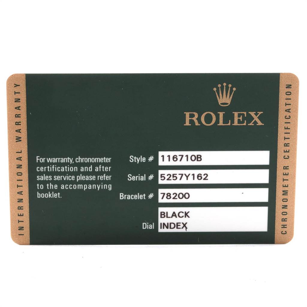 This image shows the warranty card for a Rolex GMT-Master 116710 Men's Stainless Steel Black Dial 116710 Men's Stainless Steel Black Dial watch, displaying style, serial, bracelet, and dial information.