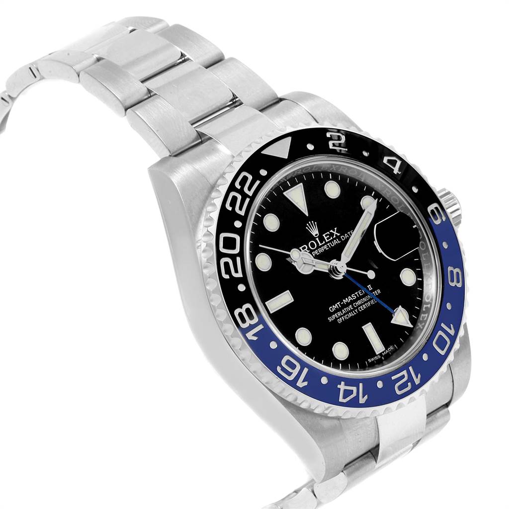 The image shows a side angle of a Rolex GMT-Master 116710 Men's Stainless Steel Black Dial 116710 Men's Stainless Steel Black Dial watch, highlighting the bezel, dial, and bracelet.