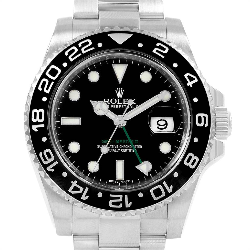 The image shows the front view of a Rolex GMT-Master 116710 Men's Stainless Steel Black Dial 116710 Men's Stainless Steel Black Dial II watch, highlighting the dial, bezel, and bracelet.
