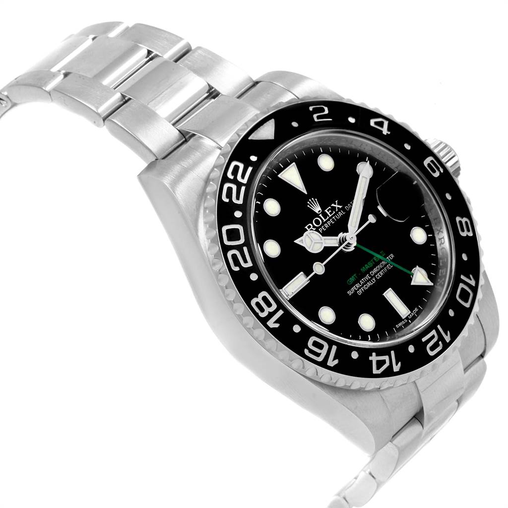 The image shows a Rolex GMT-Master 116710 Men's Stainless Steel Black Dial 116710 Men's Stainless Steel Black Dial watch from a left angle, highlighting the bezel, face, and part of the bracelet.