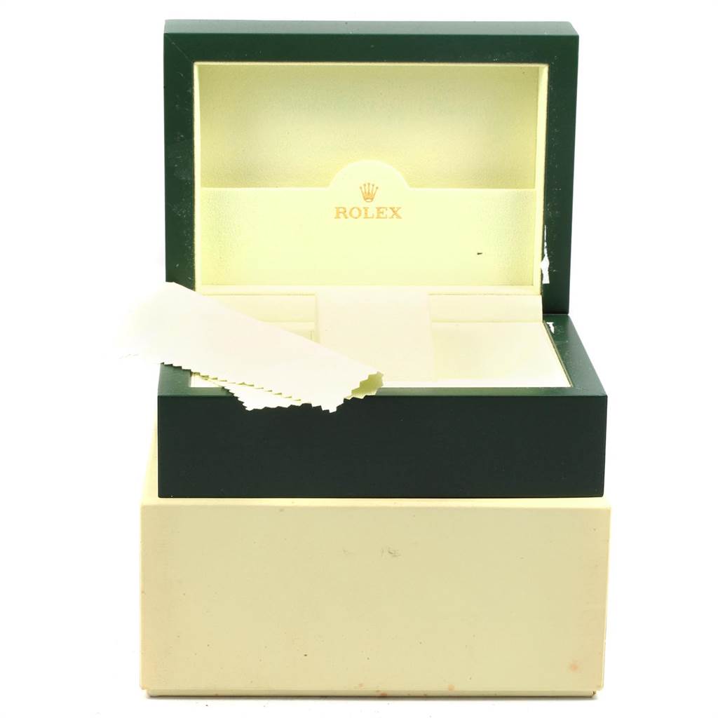 The image shows an open Rolex GMT-Master 116710 Men's Stainless Steel Black Dial 116710 Men's Stainless Steel Black Dial watch box with the inner and outer boxes, and a cloth.