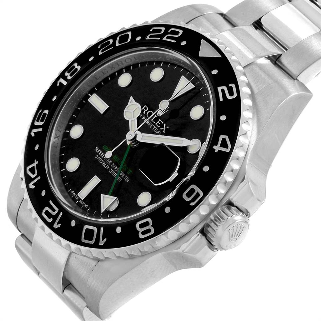 The image shows a Rolex GMT-Master 116710 Men's Stainless Steel Black Dial 116710 Men's Stainless Steel Black Dial watch at an angled view, highlighting the bezel, face, crown, and part of the bracelet.