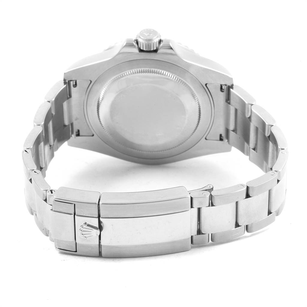 This image shows the back case, crown, and clasp of a Rolex GMT-Master 116710 Men's Stainless Steel Black Dial 116710 Men's Stainless Steel Black Dial watch, viewed from the backside.