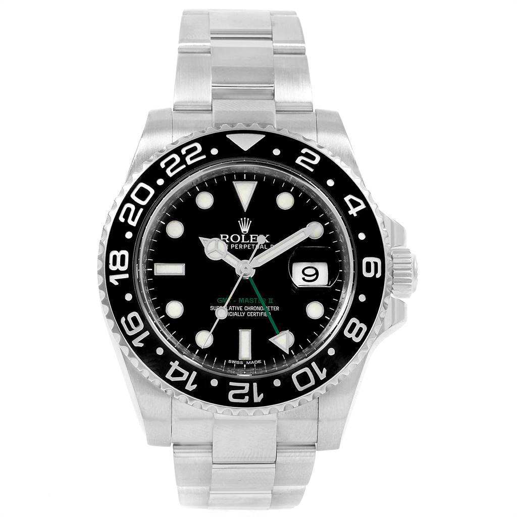 The image shows a front view of the Rolex GMT-Master 116710 Men's Stainless Steel Black Dial 116710 Men's Stainless Steel Black Dial II watch, displaying the face, bezel, and bracelet.