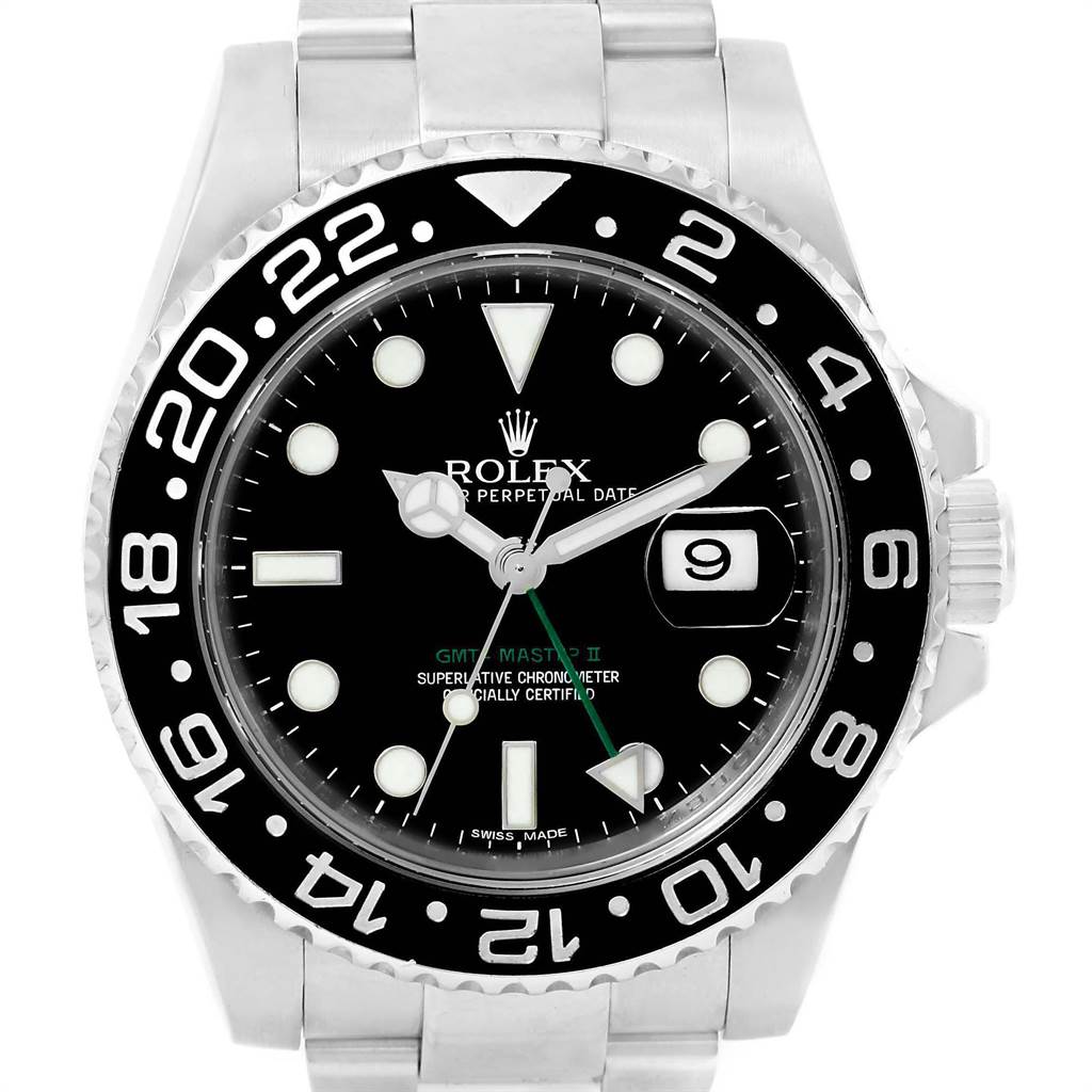 This image shows a frontal view of the Rolex GMT-Master 116710 Men's Stainless Steel Black Dial 116710 Men's Stainless Steel Black Dial II watch, highlighting the dial, bezel, crown, and bracelet.