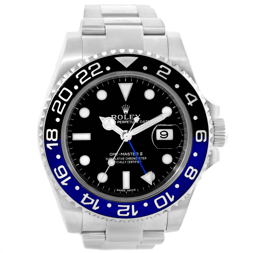 This image shows a front view of a Rolex GMT-Master 116710 Men's Stainless Steel Black Dial 116710 Men's Stainless Steel Black Dial II watch, showcasing its dial, bezel, and bracelet.