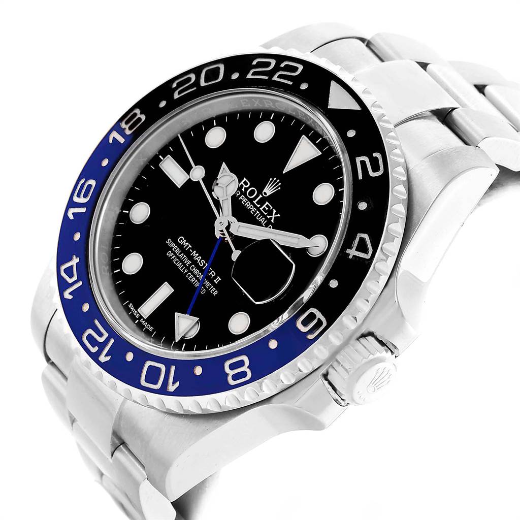 The image showcases a Rolex GMT-Master 116710 Men's Stainless Steel Black Dial 116710 Men's Stainless Steel Black Dial watch at a three-quarter angle, highlighting the bezel, dial, and bracelet.