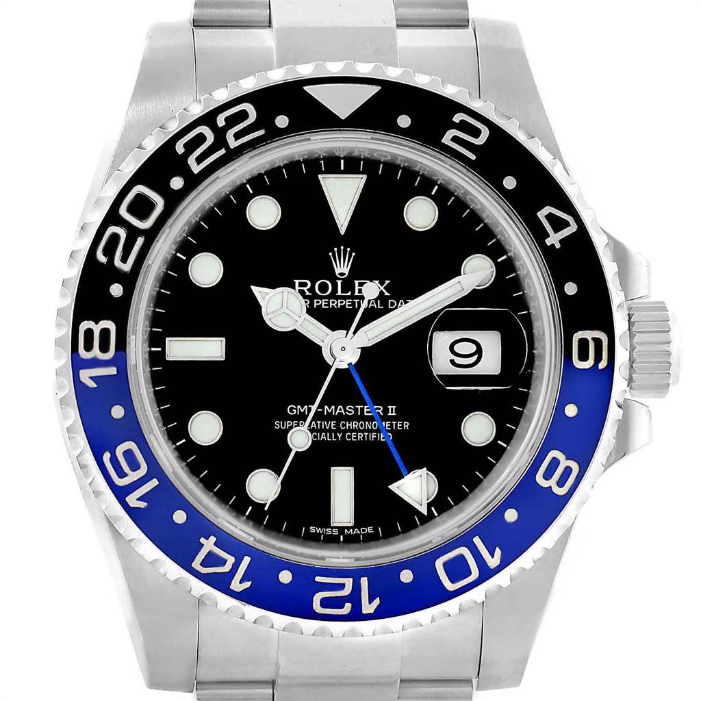 The image shows a front view of the Rolex GMT-Master 116710 Men's Stainless Steel Black Dial 116710 Men's Stainless Steel Black Dial II watch, highlighting its bezel, dial, hands, and date window.