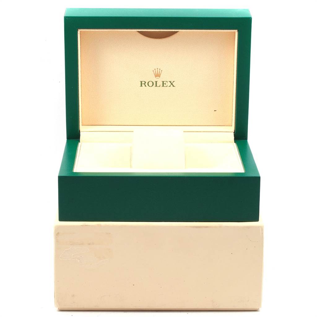 The image shows the open green and beige box for a Rolex GMT-Master 116710 Men's Stainless Steel Black Dial 116710 Men's Stainless Steel Black Dial watch, viewed from the front.