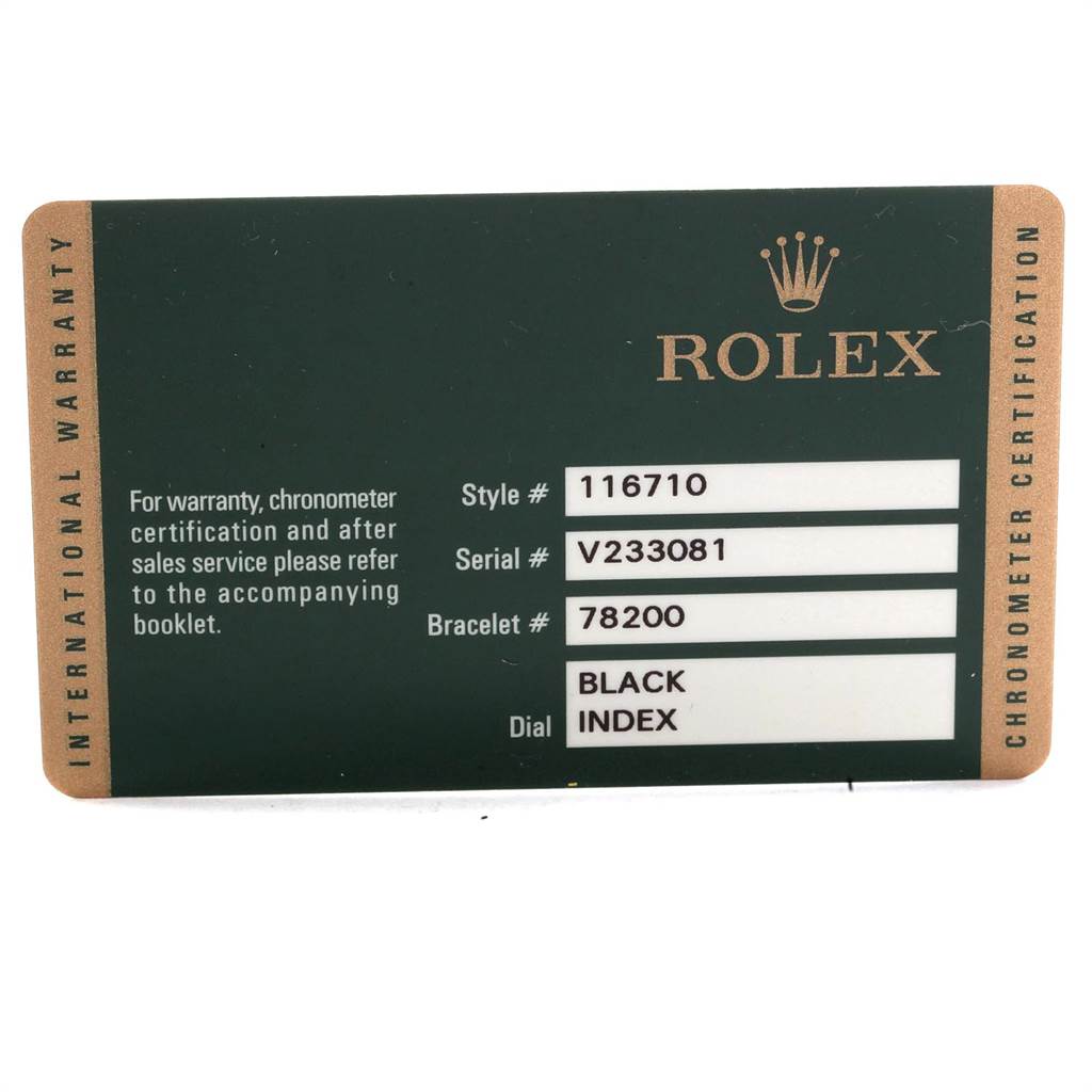 The image shows an International Warranty card for a Rolex GMT-Master 116710 Men's Stainless Steel Black Dial 116710 Men's Stainless Steel Black Dial model, detailing the style, serial, bracelet, and dial information.