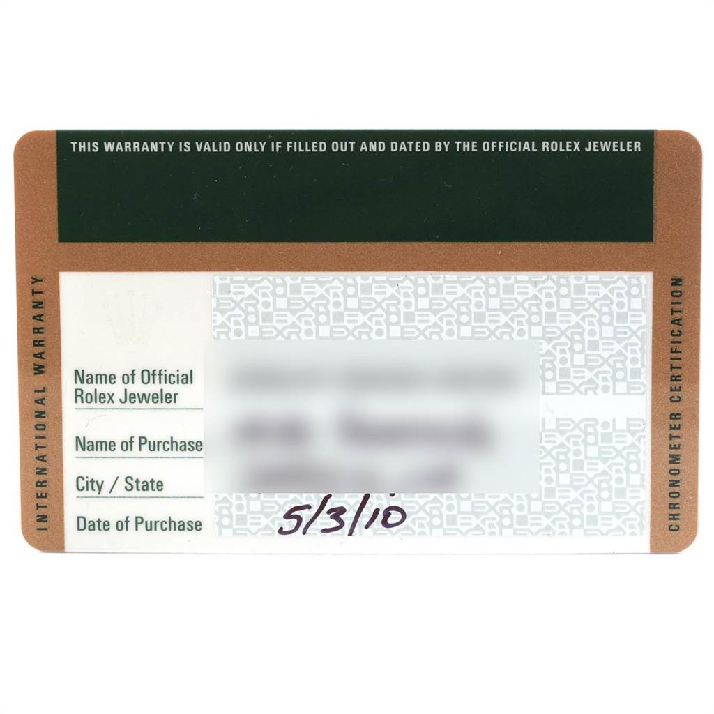 This is a warranty card for a Rolex GMT-Master 116710 Men's Stainless Steel Black Dial 116710 Men's Stainless Steel Black Dial watch, displaying purchase details and certification information.