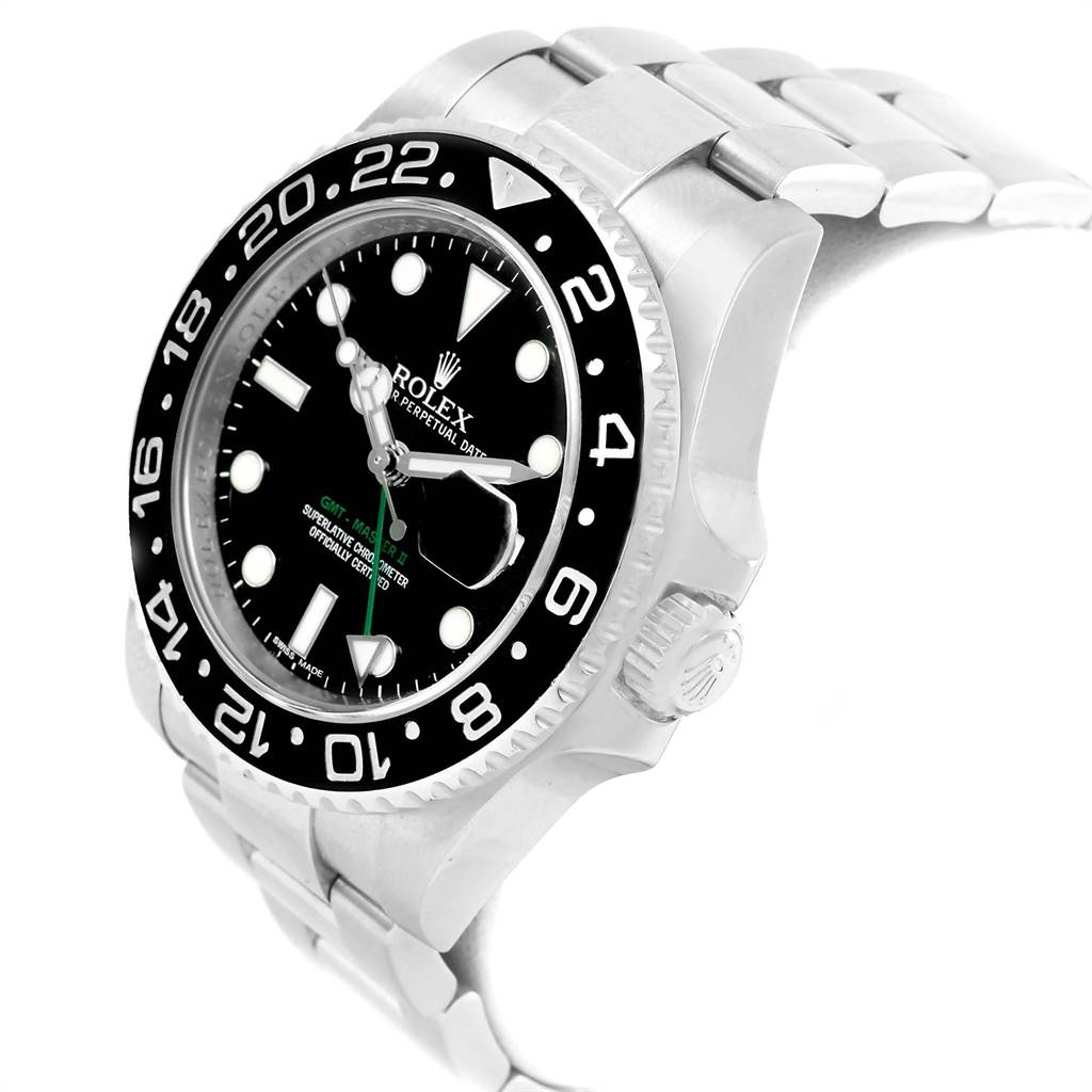 The image shows a Rolex GMT-Master 116710 Men's Stainless Steel Black Dial 116710 Men's Stainless Steel Black Dial watch from an angled side view, displaying the face, bezel, crown, and part of the bracelet.