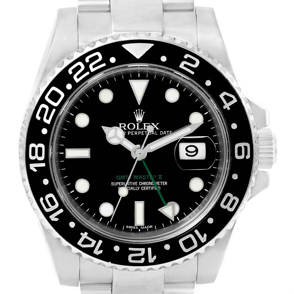 The image shows a front view of a Rolex GMT-Master 116710 Men's Stainless Steel Black Dial 116710 Men's Stainless Steel Black Dial II watch, highlighting its bezel, dial, and date window.