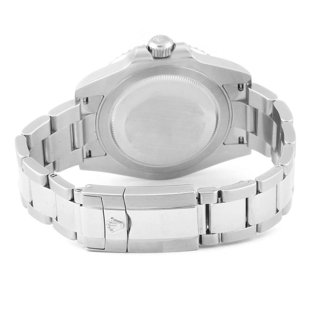 The image shows the backside and bracelet of a Rolex GMT-Master 116710 Men's Stainless Steel Black Dial 116710 Men's Stainless Steel Black Dial watch, showcasing its clasp and case back.