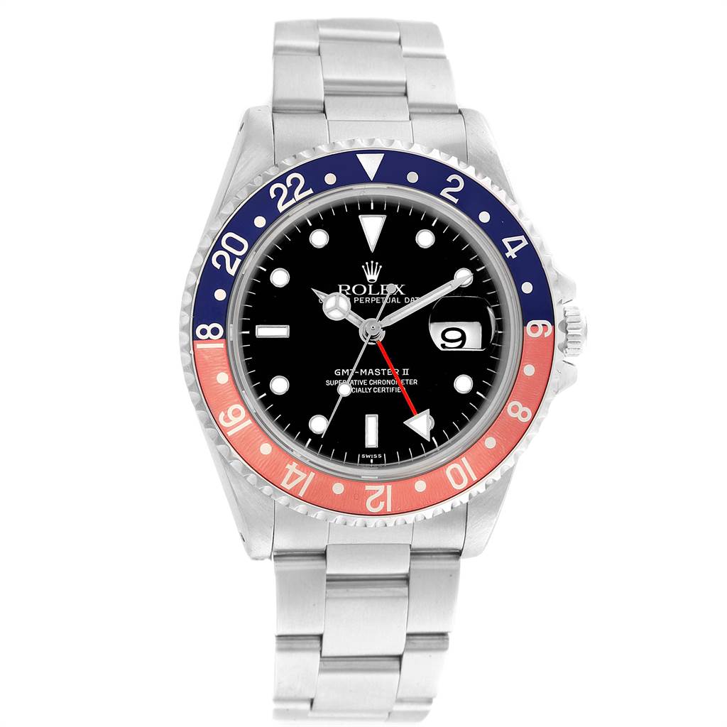 This image shows a front view of a Rolex GMT-Master 16710 Men's Stainless Steel Black Dial 16710 Men's Stainless Steel Black Dial II watch, highlighting the bezel, dial, hands, and bracelet.