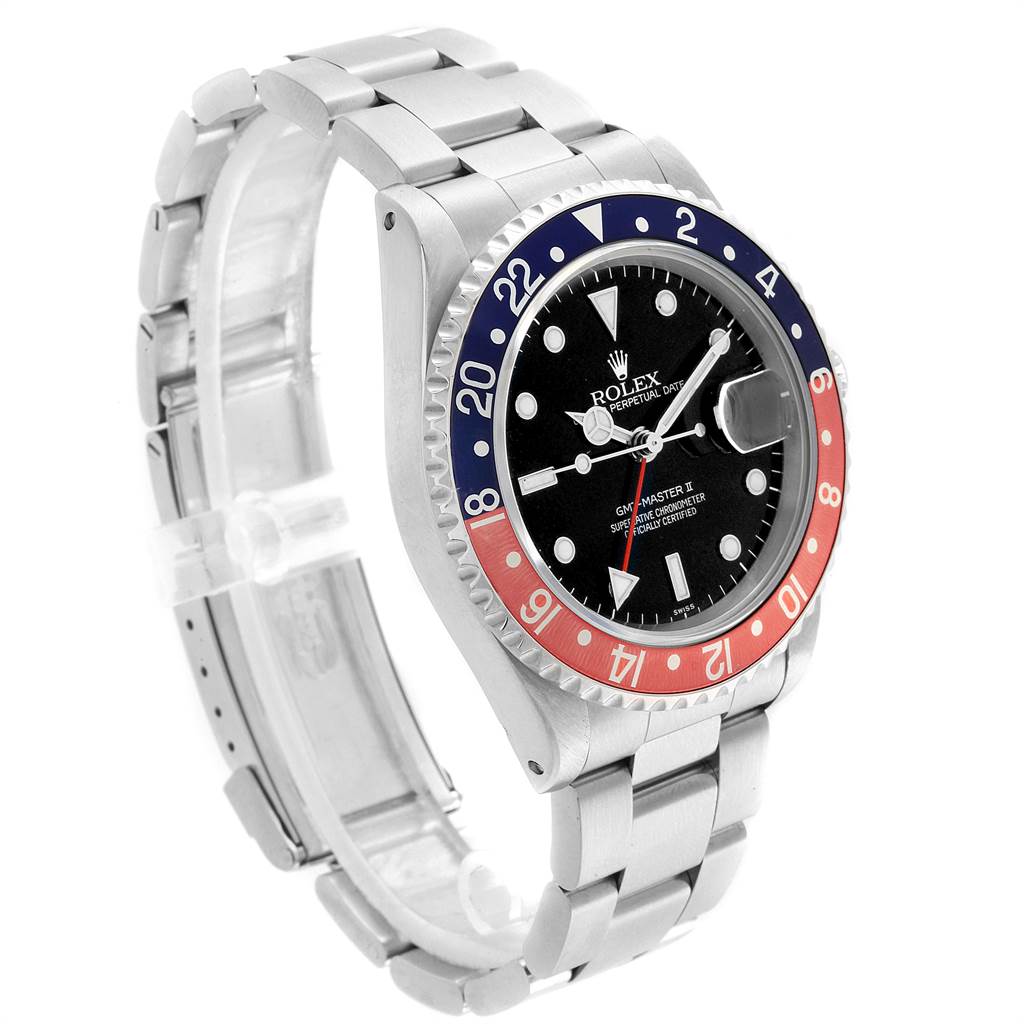 The Rolex GMT-Master 16710 Men's Stainless Steel Black Dial 16710 Men's Stainless Steel Black Dial watch is shown at a 3/4 angle, displaying the bracelet, bezel, and dial.