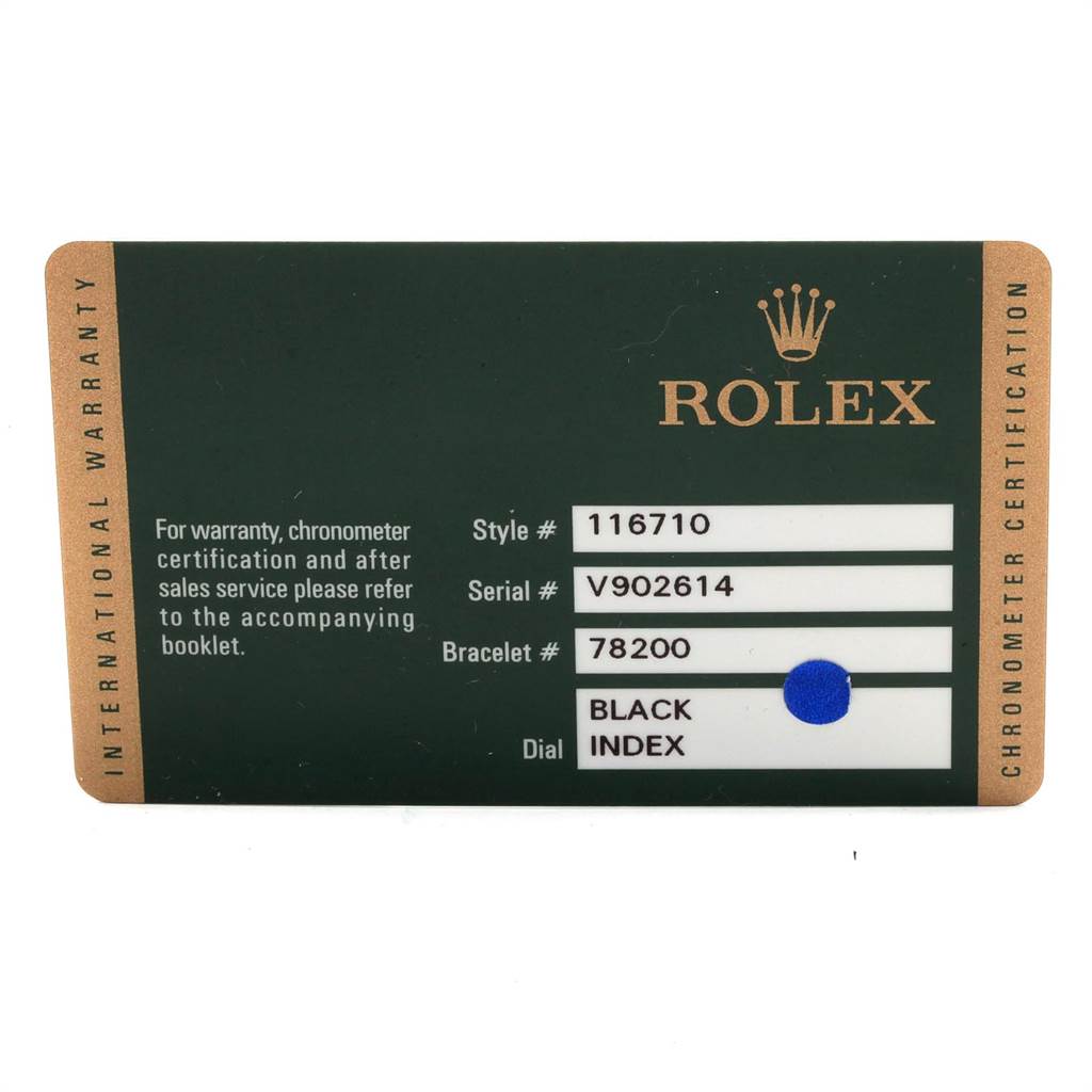 The image shows the warranty card for a Rolex GMT-Master 116710 Men
s Stainless Steel Black Dial 116710 Men
s Stainless Steel Black Dial, detailing style number 116710, serial number V902614, and bracelet number 78200.