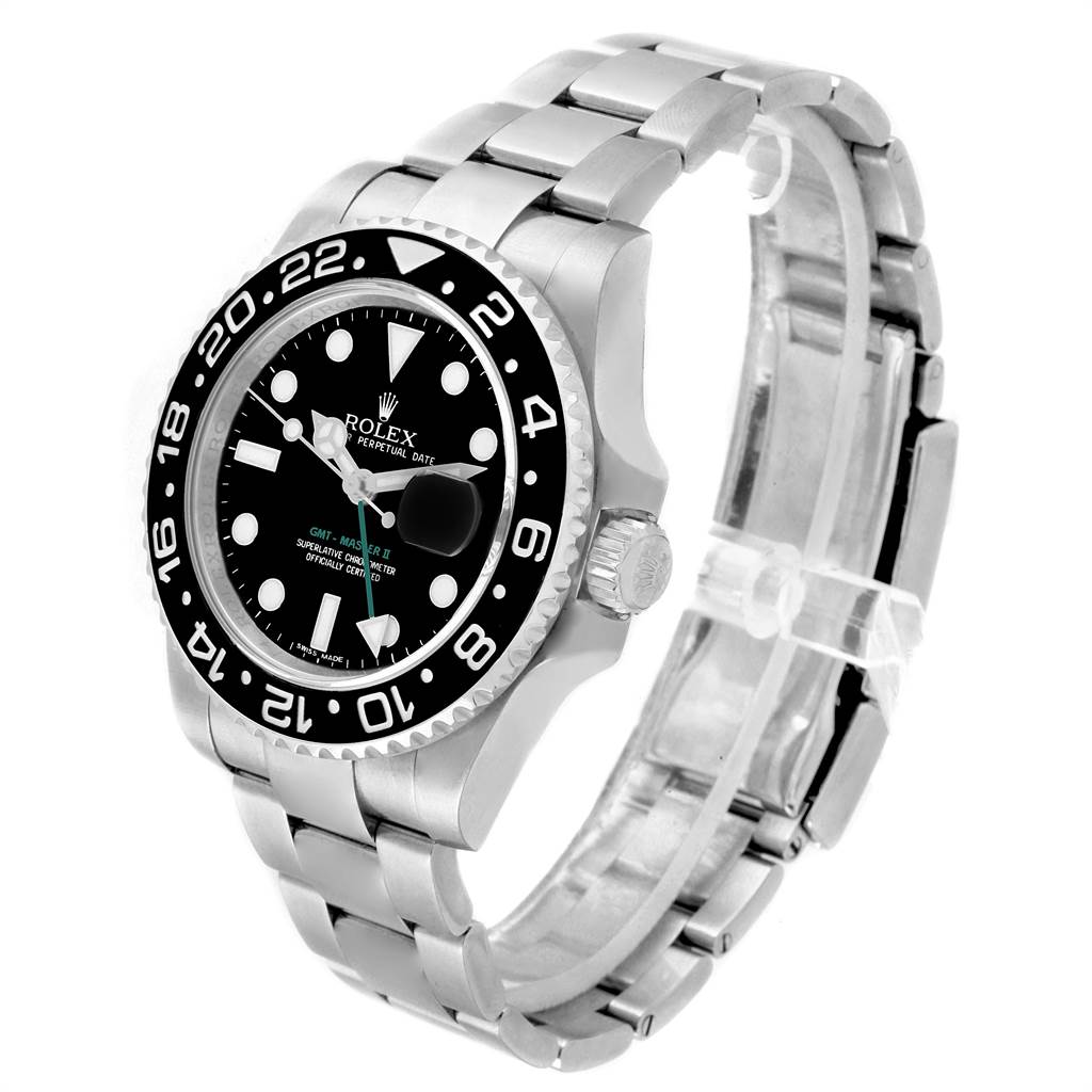 This image shows a Rolex GMT-Master 116710 Men
s Stainless Steel Black Dial 116710 Men
s Stainless Steel Black Dial II watch at an angled view, highlighting the face, bezel, crown, and bracelet.