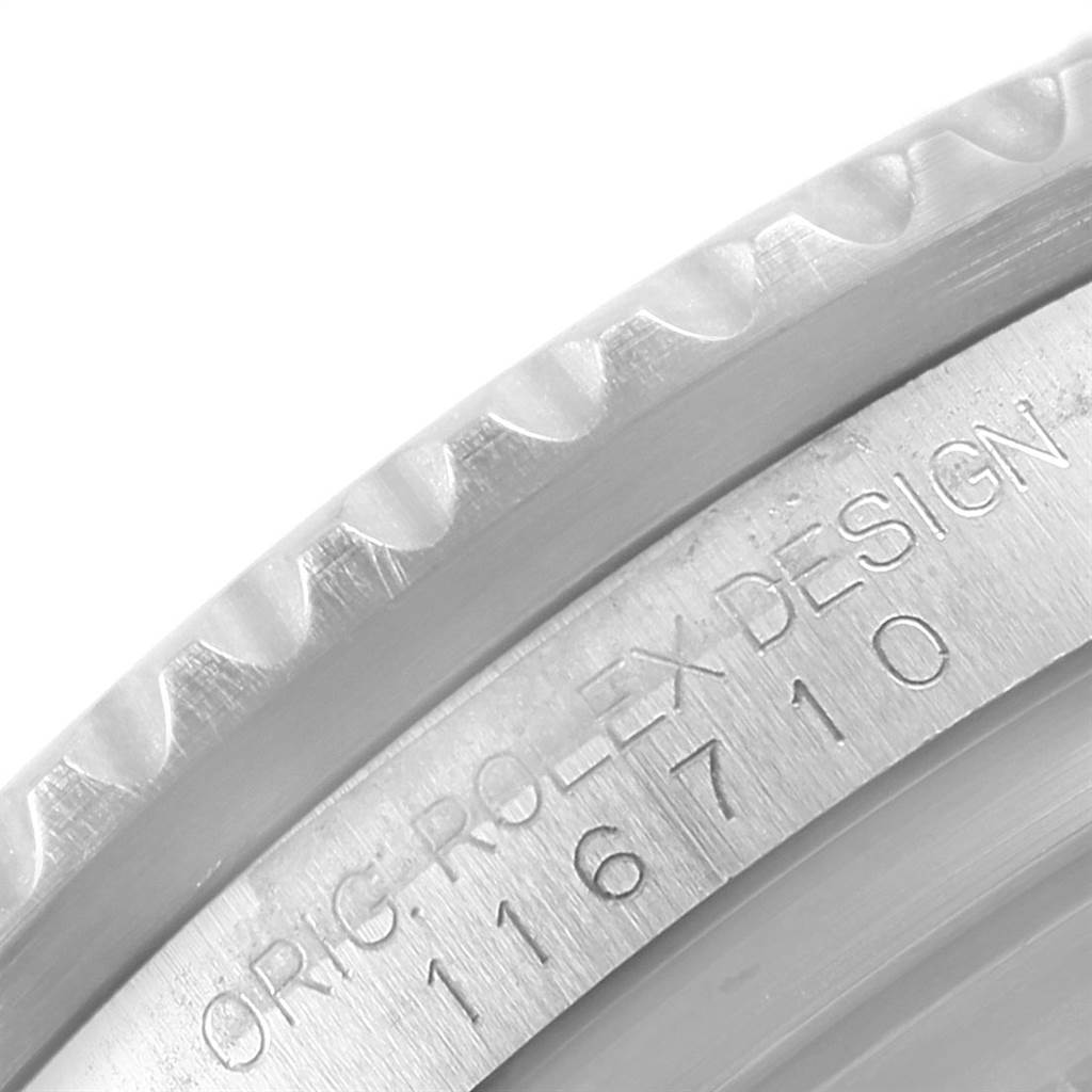 This image shows a close-up of the bezel and model engraving on a Rolex GMT-Master 116710 Men
s Stainless Steel Black Dial 116710 Men
s Stainless Steel Black Dial watch.