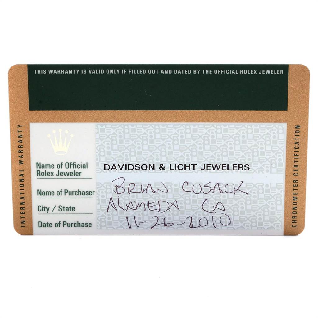 This image shows an international warranty card for a Rolex GMT-Master 116710 Men
s Stainless Steel Black Dial 116710 Men
s Stainless Steel Black Dial watch.