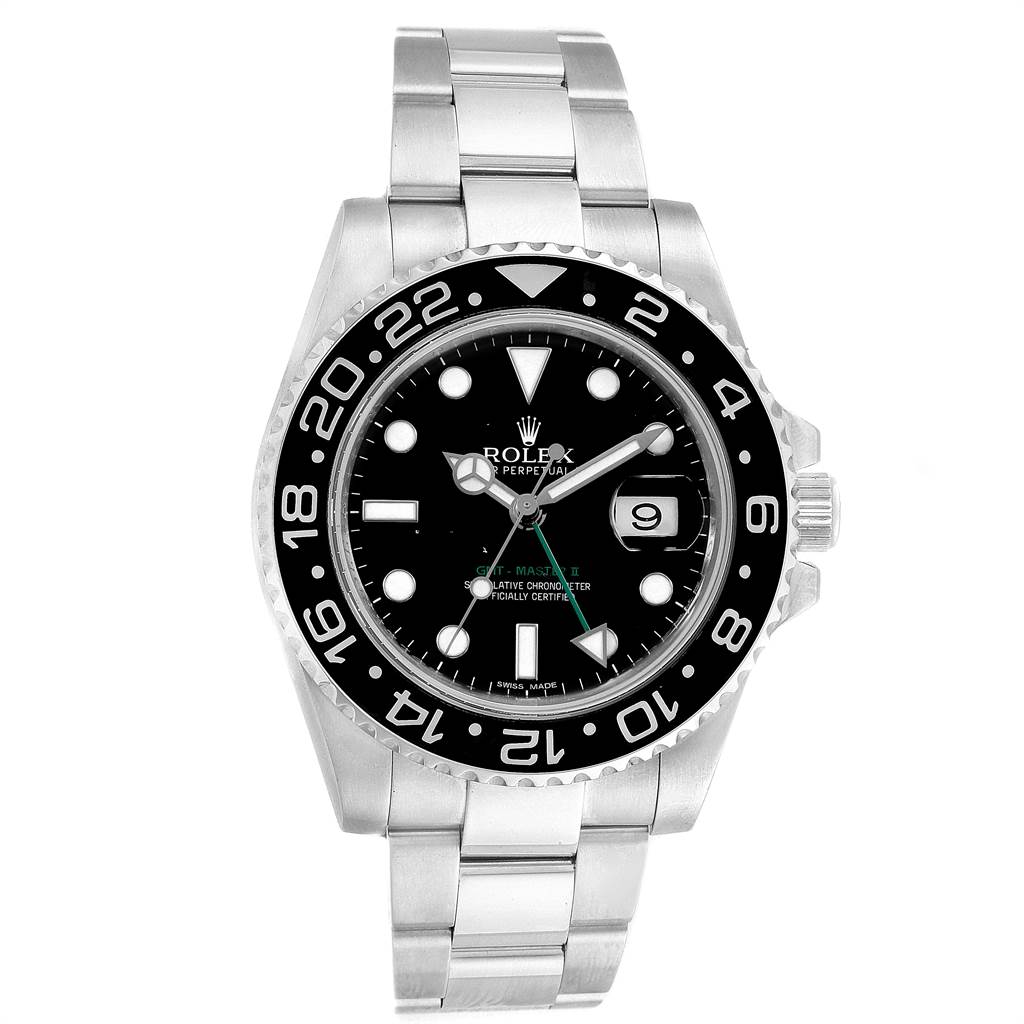 The image shows a front view of a Rolex GMT-Master 116710 Men's Stainless Steel Black Dial 116710 Men's Stainless Steel Black Dial II watch, highlighting its black dial, bezel, and metal bracelet.