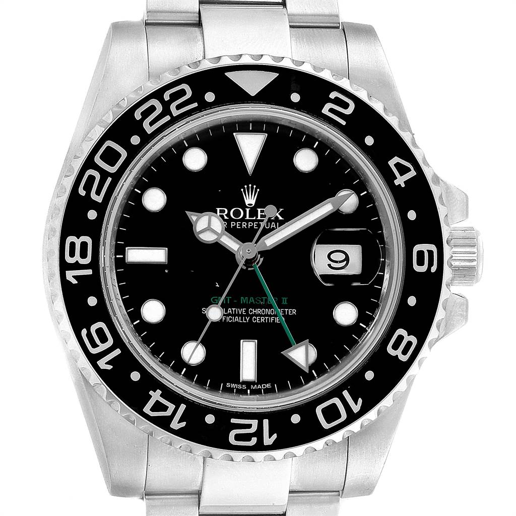 The image shows the front view of a Rolex GMT-Master 116710 Men's Stainless Steel Black Dial 116710 Men's Stainless Steel Black Dial watch, showcasing its black dial, bezel, and stainless steel bracelet.