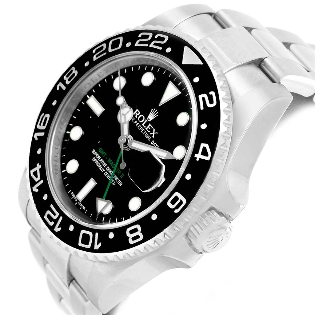 The image shows a side angle of the Rolex GMT-Master 116710 Men's Stainless Steel Black Dial 116710 Men's Stainless Steel Black Dial watch displaying the bezel, dial, crown, and part of the bracelet.