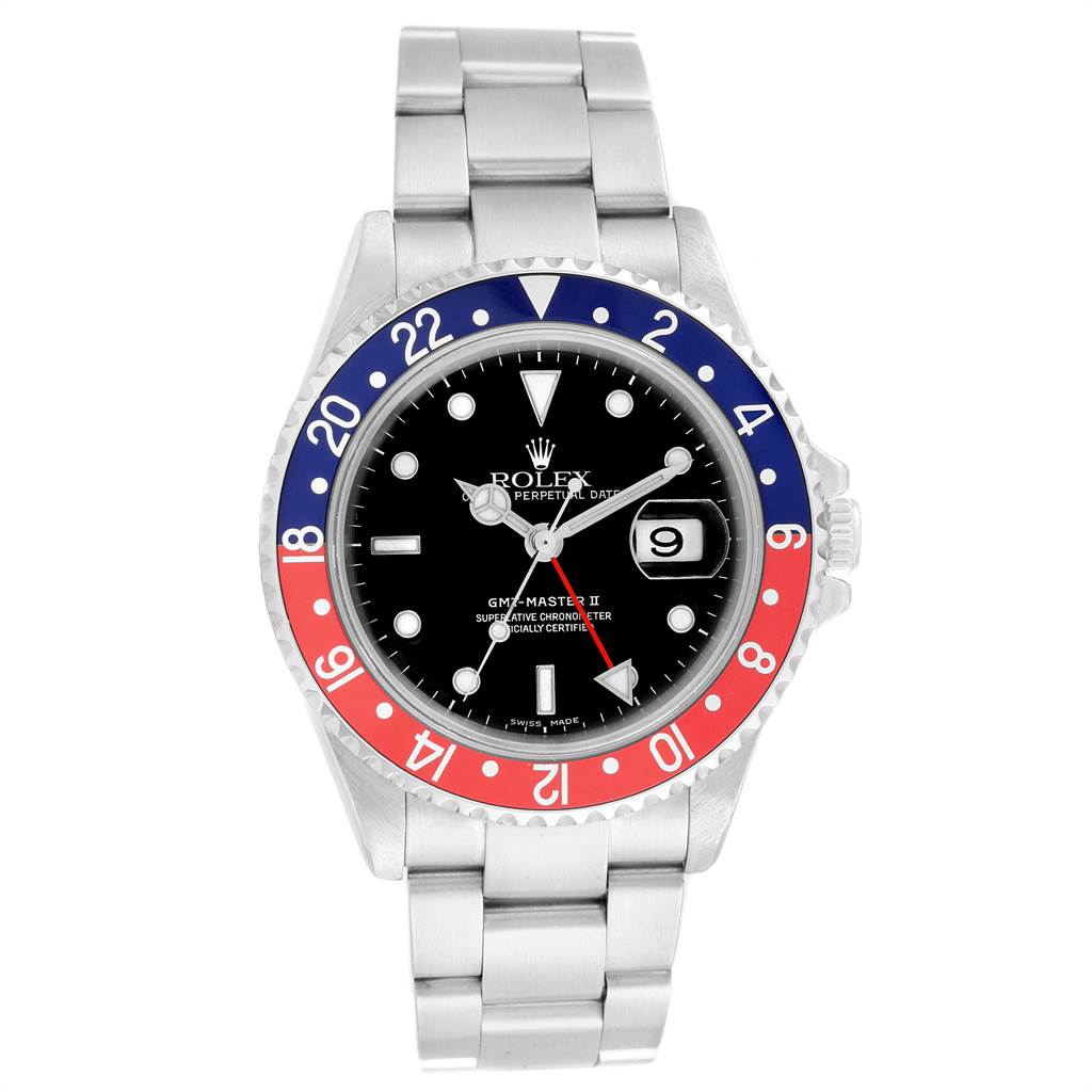 A front view of the Rolex GMT-Master 16710 Men's Stainless Steel Black Dial 16710 Men's Stainless Steel Black Dial with a black dial, two-tone bezel, and stainless steel bracelet.