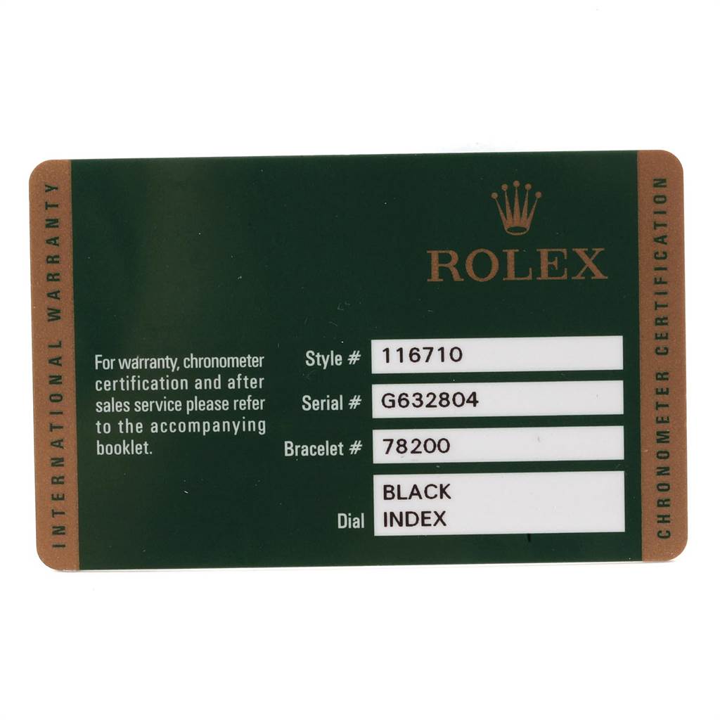 This image shows the international warranty card for the Rolex GMT-Master 116710 Men's Stainless Steel Black Dial 116710 Men's Stainless Steel Black Dial model.
