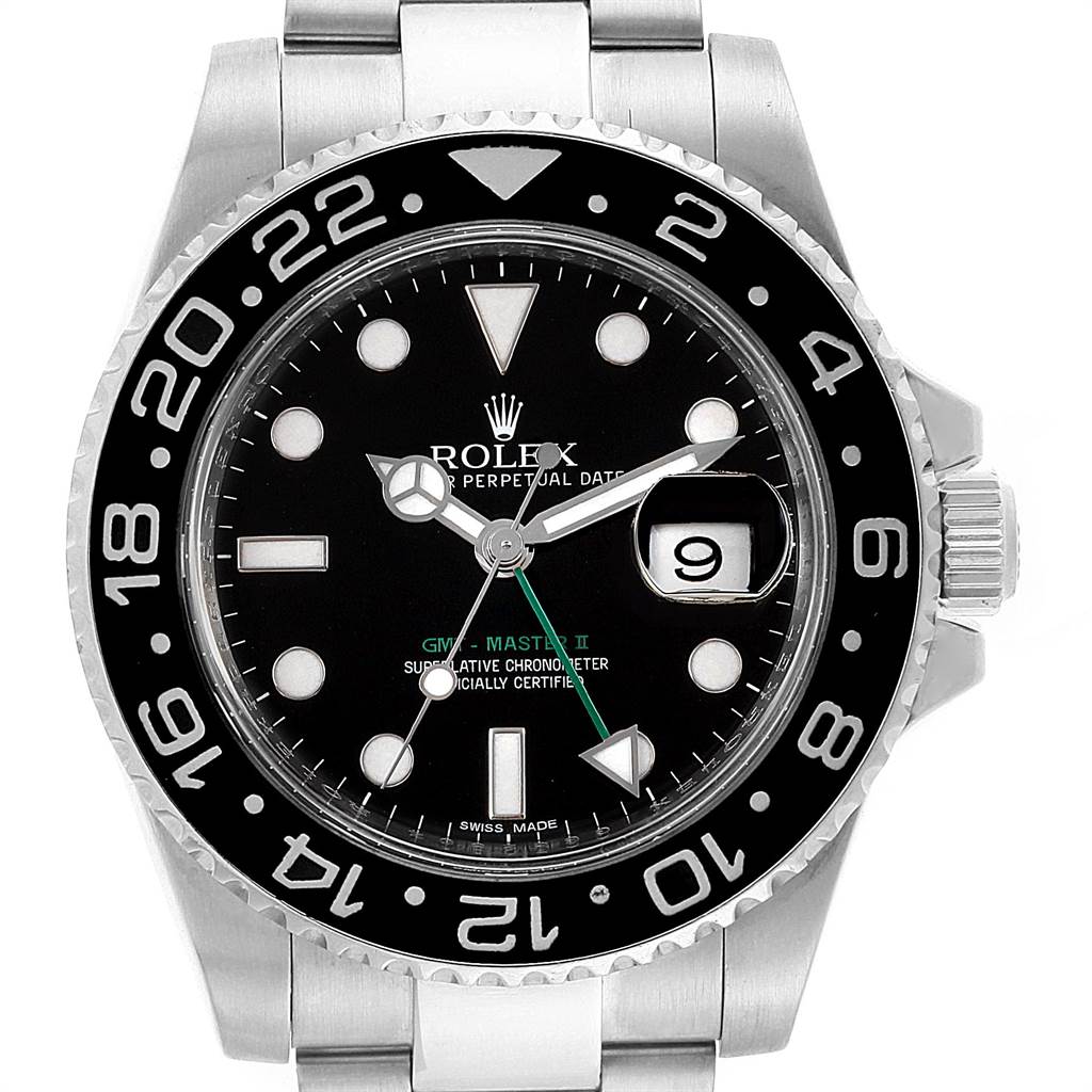 The image shows a front view of a Rolex GMT-Master 116710 Men's Stainless Steel Black Dial 116710 Men's Stainless Steel Black Dial II watch with a black dial, luminescent markers, and a date window at 3 o'clock.