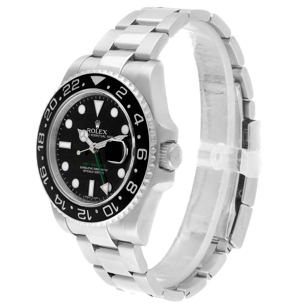 The Rolex GMT-Master 116710 Men's Stainless Steel Black Dial 116710 Men's Stainless Steel Black Dial watch is shown at a three-quarter angle, displaying the bezel, dial, case, and part of the bracelet.