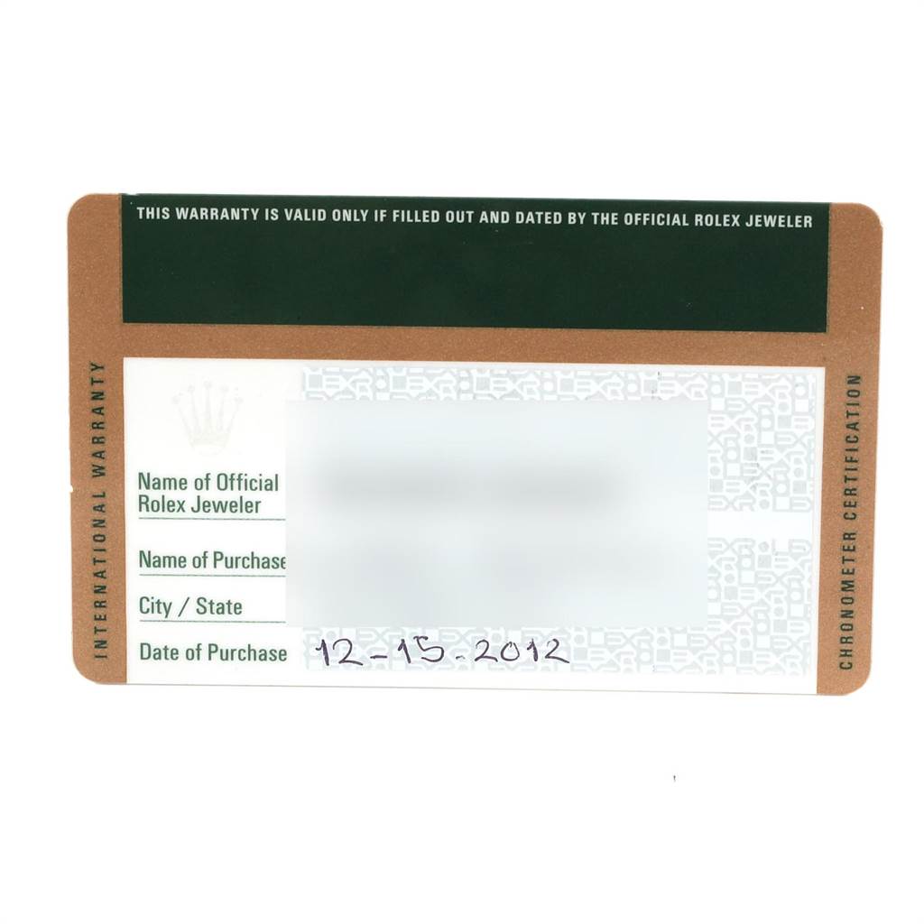 This image shows the front of an international warranty card for a Rolex GMT-Master 116710 Men's Stainless Steel Black Dial 116710 Men's Stainless Steel Black Dial.