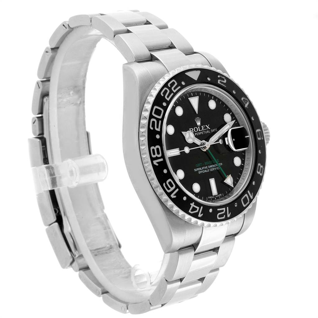 The image shows a side angle of a Rolex GMT-Master 116710 Men's Stainless Steel Black Dial 116710 Men's Stainless Steel Black Dial watch, with the face, bezel, and part of the bracelet visible.