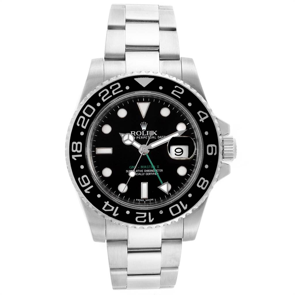 This image shows a front view of a Rolex GMT-Master 116710 Men's Stainless Steel Black Dial 116710 Men's Stainless Steel Black Dial II watch, highlighting its black dial, bezel, and stainless steel bracelet.