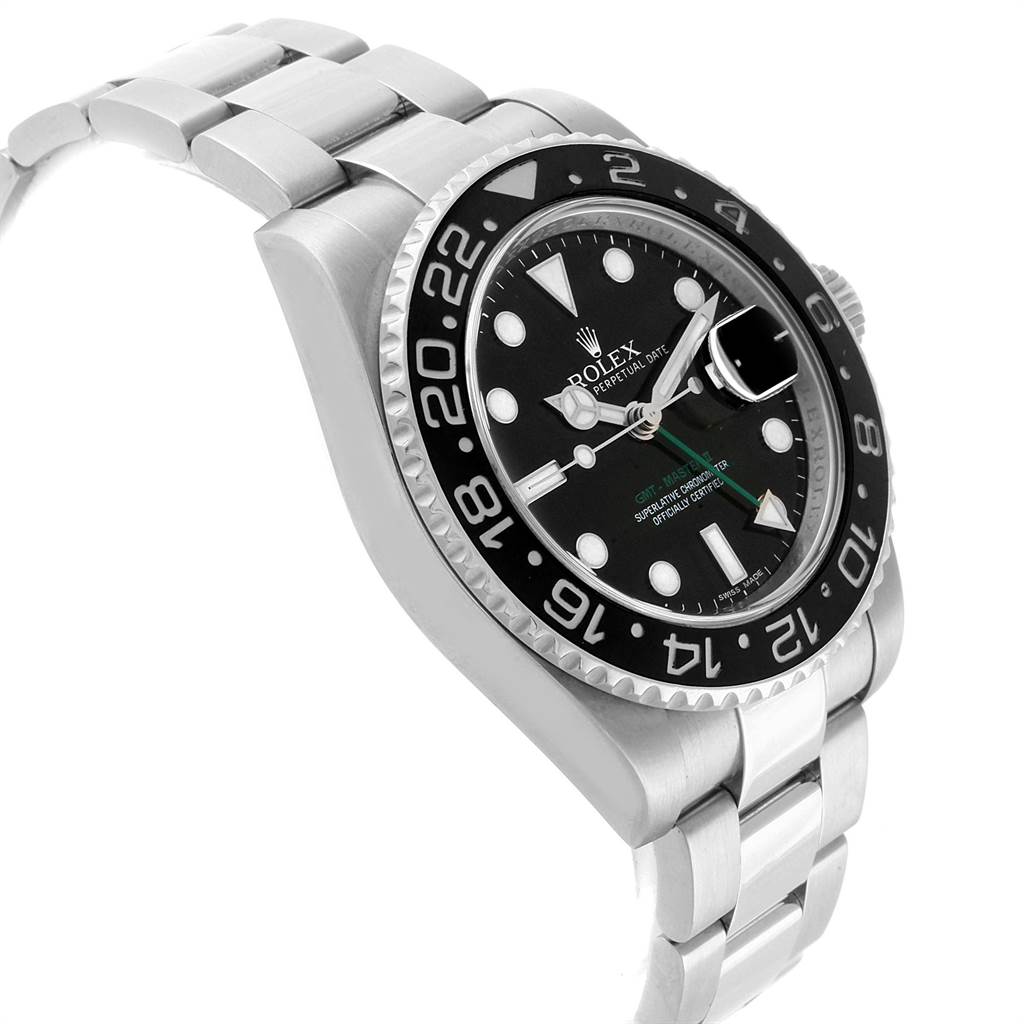 This image shows a Rolex GMT-Master 116710 Men's Stainless Steel Black Dial 116710 Men's Stainless Steel Black Dial watch at a side angle, highlighting the bezel, dial, and stainless steel bracelet.
