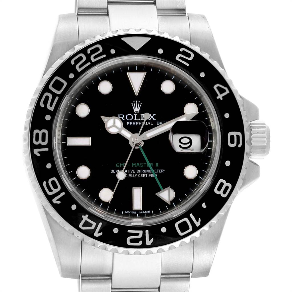 The image shows a front view of the Rolex GMT-Master 116710 Men's Stainless Steel Black Dial 116710 Men's Stainless Steel Black Dial II watch, highlighting the dial, bezel, crown, and bracelet.