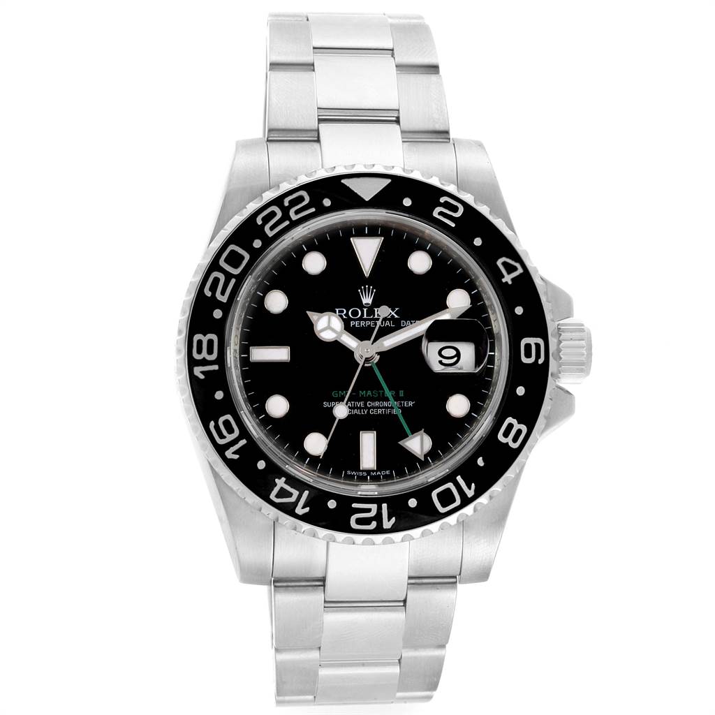 This Rolex GMT-Master 116710 Men's Stainless Steel Black Dial 116710 Men's Stainless Steel Black Dial watch is shown from the front, displaying its black dial, bezel, and stainless steel bracelet.