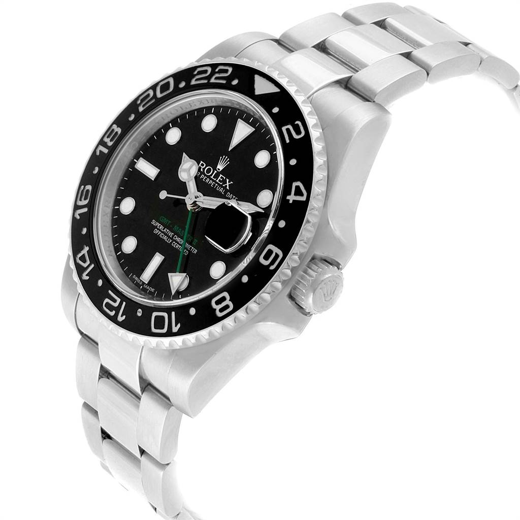 This Rolex GMT-Master 116710 Men's Stainless Steel Black Dial 116710 Men's Stainless Steel Black Dial watch is shown from a slightly tilted side angle, displaying its face, bezel, case, and part of the bracelet.