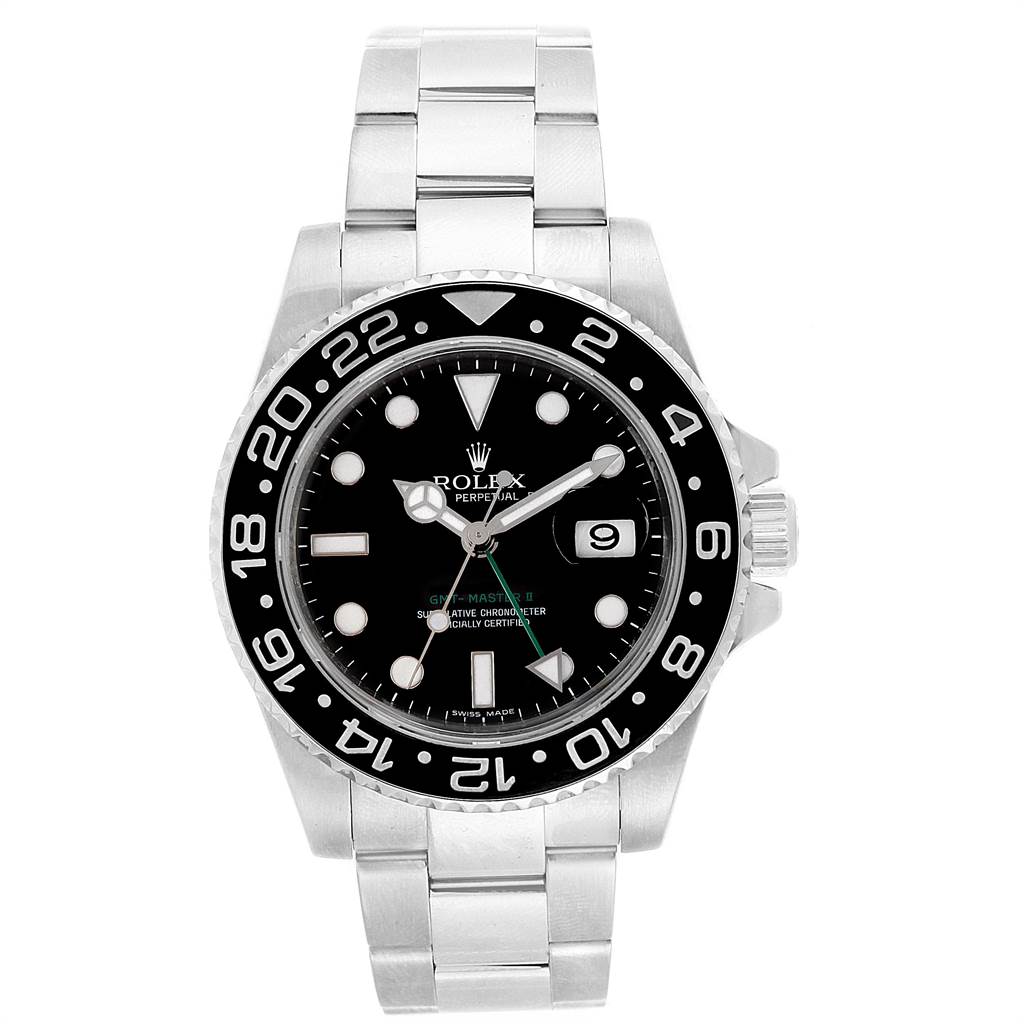 This Rolex GMT-Master 116710 Men
s Stainless Steel Black Dial 116710 Men
s Stainless Steel Black Dial watch is shown from a front angle, displaying the face, bezel, and part of the bracelet.